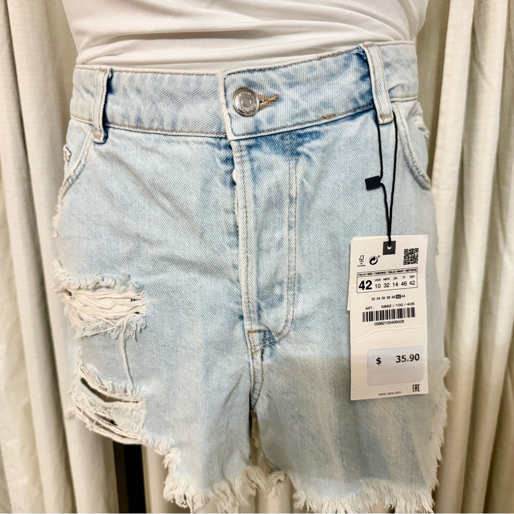 Zara Light Blue Ripped Jean Shorts